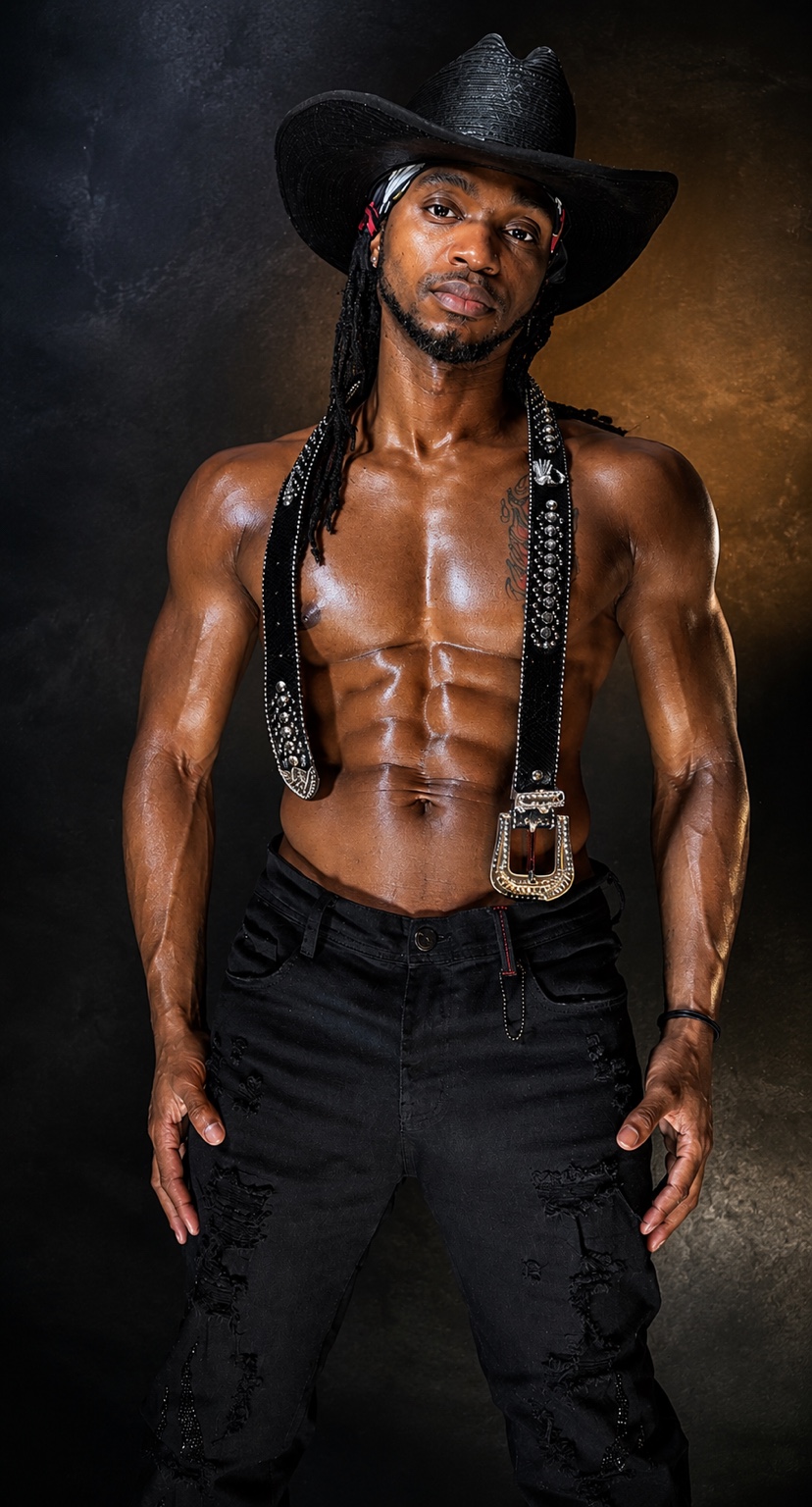 Hardbodies Live dancer wearing a black cowboy hat and western-inspired accessories